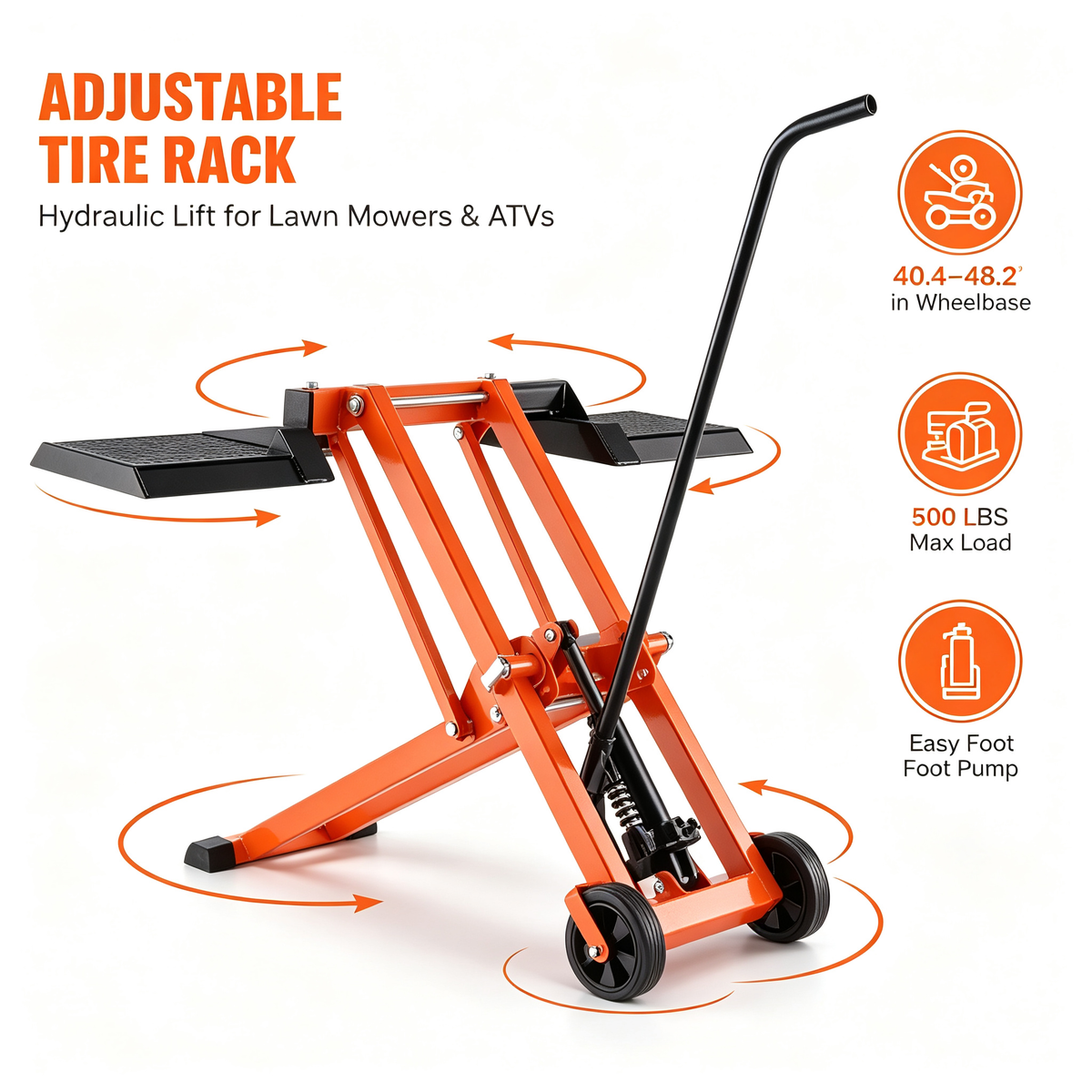 Hydraulic Lawn Mower Lift Jack, 500 LBS Load Capacity Solid Carbon Steel Mower Lifter, Adjustable Width Mobile Maintenance Lift for Zero Turn Mowers & Riding Garden Tractors, Orange
